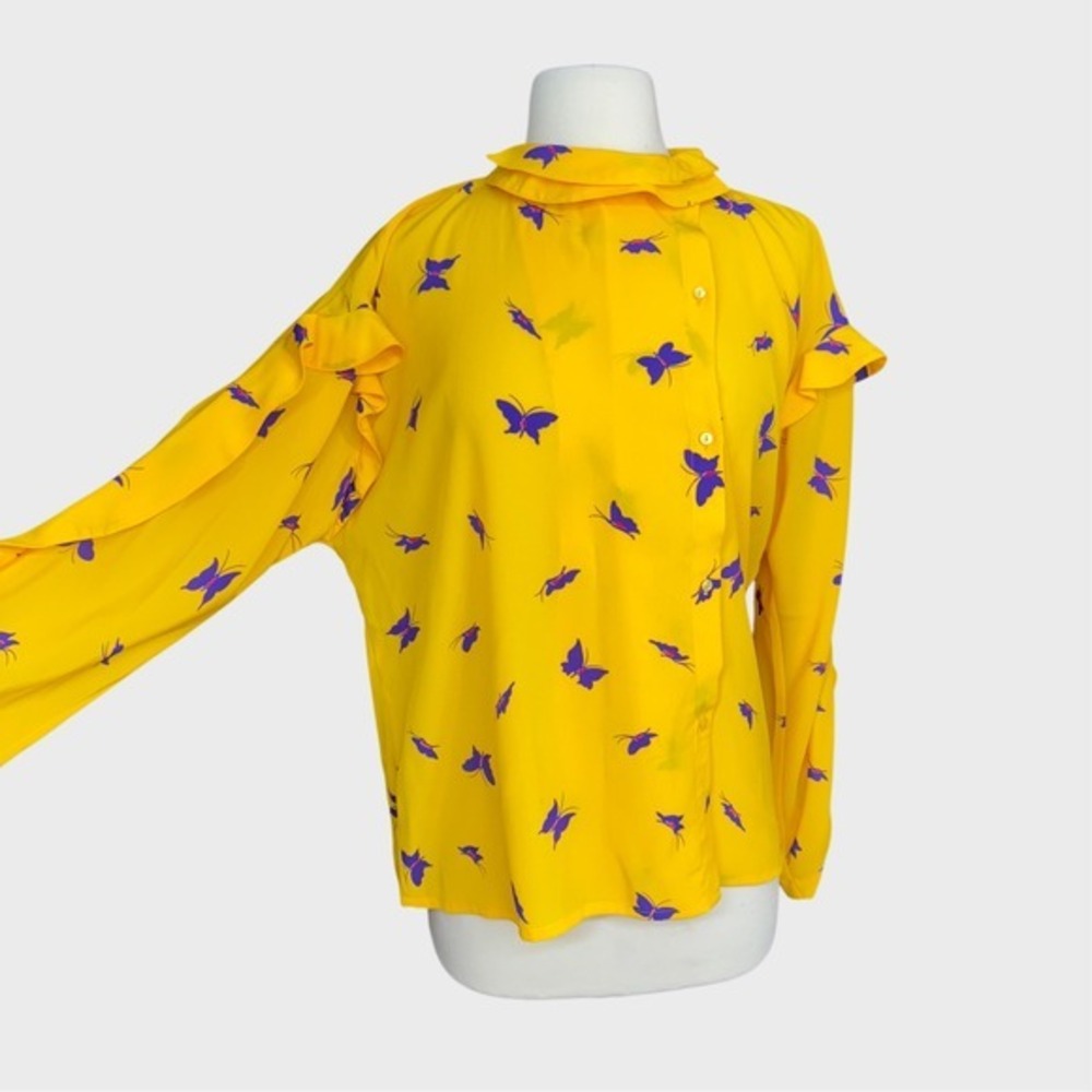 Krizia Italy Vintage Yellow Ruffle Blouse Medium Butterfly Print Long Sleeve Tee